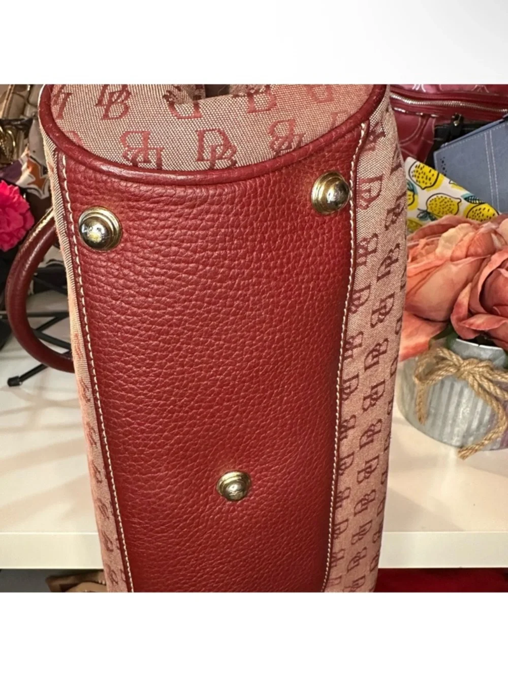 Dooney & Bourke Pink Monogram Satchel with Burgundy Trim